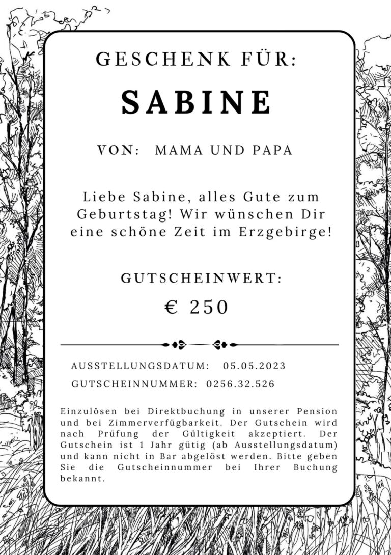 Gutschein Waldhaus Anna, Rückseite mit Name, persönlicher Nachricht und Gutscheinwert