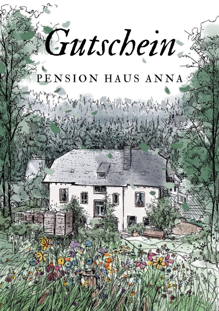 Gutschein Waldhaus Anna, Vorderseite mit Zeichnung des Hauses